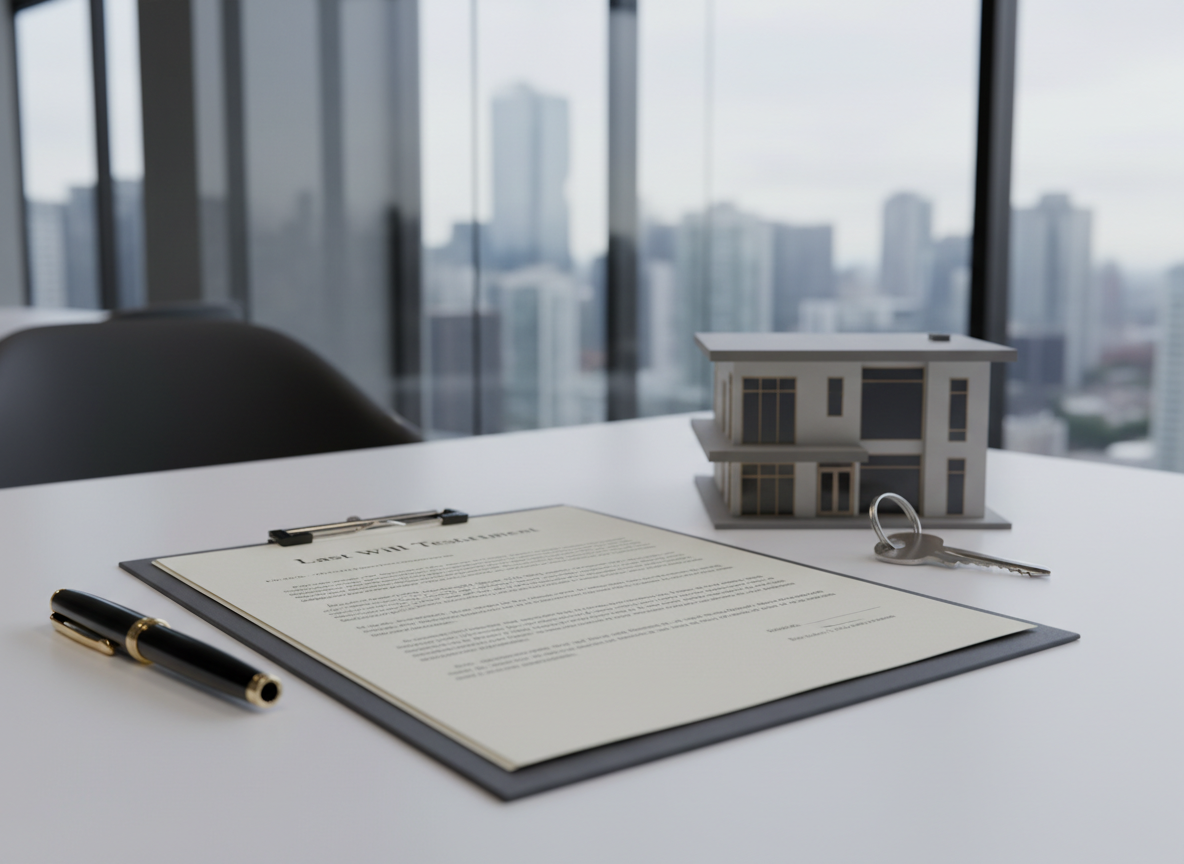 Will document and a small model house on a desk, representing estate planning.