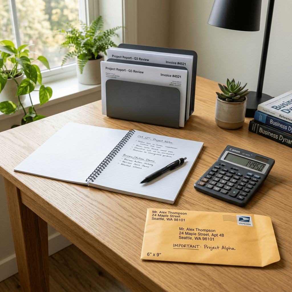 Workspace with project reports, a spiral notebook with handwritten notes, a calculator, and an envelope labeled Project Alpha